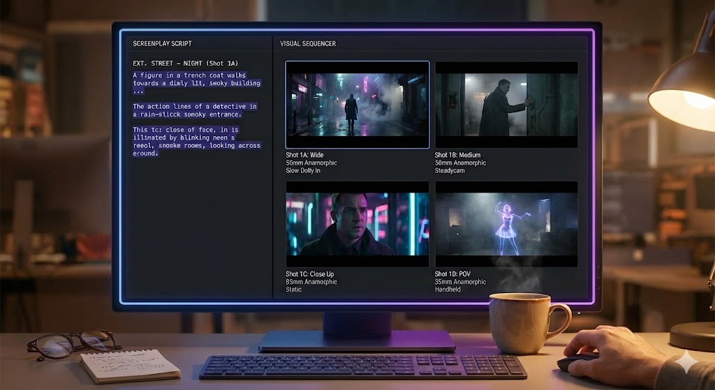 ShotFlow AI storyboard generator interface showing screenplay script, shot list with camera angles and lens specifications, and generated cinematic storyboard frames